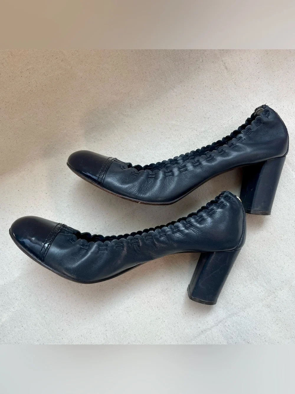 Tory Burch Navy Patent Round-Toe Block Heel Pumps